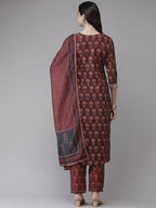 Yufta Women Maroon Floral Printed Regular Kurta with Palazzo & With Dupatta | Grocsy