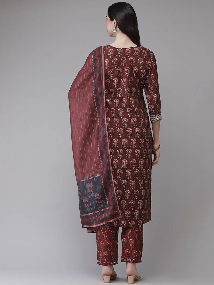 Yufta Women Maroon Floral Printed Regular Kurta with Palazzo & With Dupatta | Grocsy