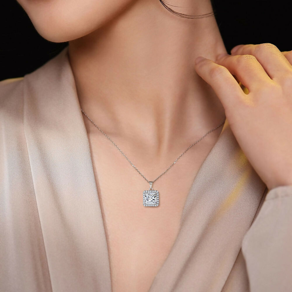 Cauer Radiant Moissanite Pendant Necklace in 925 Sterling Silver, White Gold Plated | Grocsy