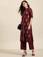Women Maroon & Golden Pure Cotton Printed Kurta with Palazzos - Vishwa | Grocsy