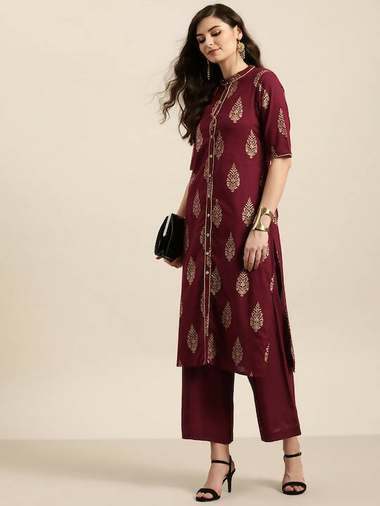 Women Maroon & Golden Pure Cotton Printed Kurta with Palazzos - Vishwa | Grocsy