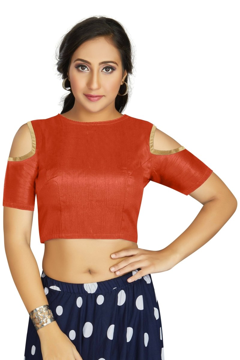 Aastha Fashion Women's Orange Art Silk Cold Shoulder Sleeve Readymade Blouse | Grocsy
