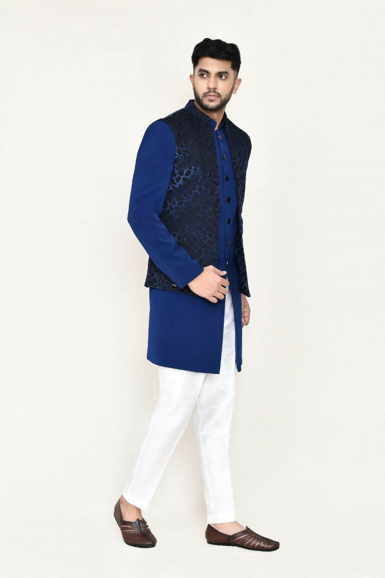 Joban Fashion Blue Colored Imported Jacquard Fabric Open Jacket, Indo Western With Straight Fit Pant | Grocsy