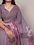 Vastranavya Grey Weightless Marble and Floral Printed Georgette Saree with Unstitched Blouse | Grocsy
