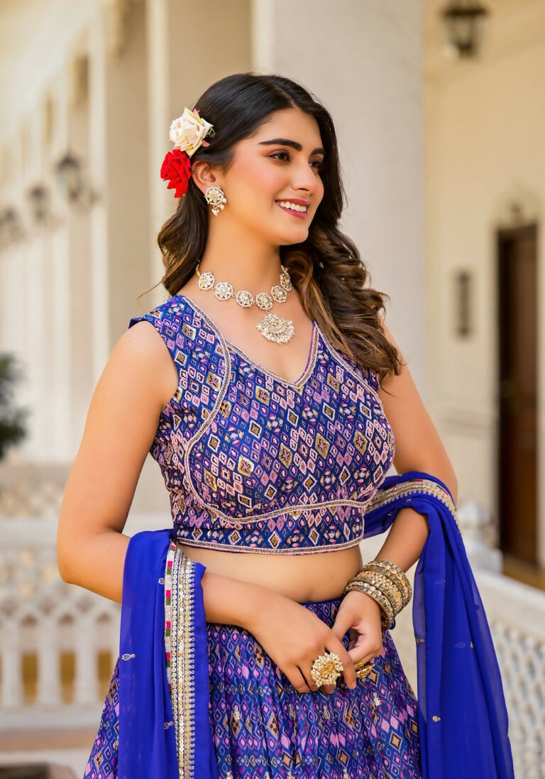 Wedding Partywear Royal Blue Slim Georgette Lehengha Choli With Dupata - Agnidhara | Grocsy
