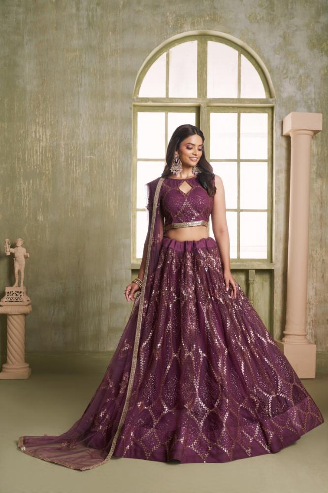 Aastha Fashion Wine Butterfly Net Tone To Tone Cotton Thread Work And Sequence Work Embroidery Wedding Wear Lehenga Choli | Grocsy