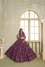 Aastha Fashion Wine Butterfly Net Tone To Tone Cotton Thread Work And Sequence Work Embroidery Wedding Wear Lehenga Choli | Grocsy