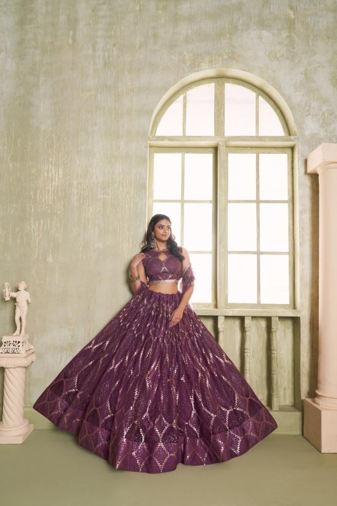 Aastha Fashion Wine Butterfly Net Tone To Tone Cotton Thread Work And Sequence Work Embroidery Wedding Wear Lehenga Choli | Grocsy
