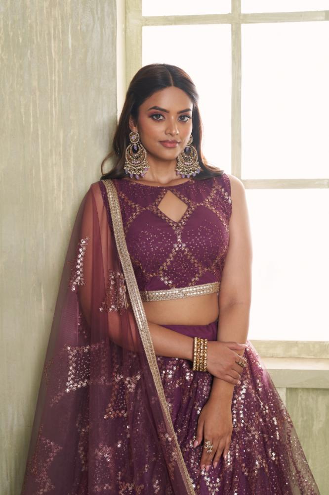 Aastha Fashion Wine Butterfly Net Tone To Tone Cotton Thread Work And Sequence Work Embroidery Wedding Wear Lehenga Choli | Grocsy