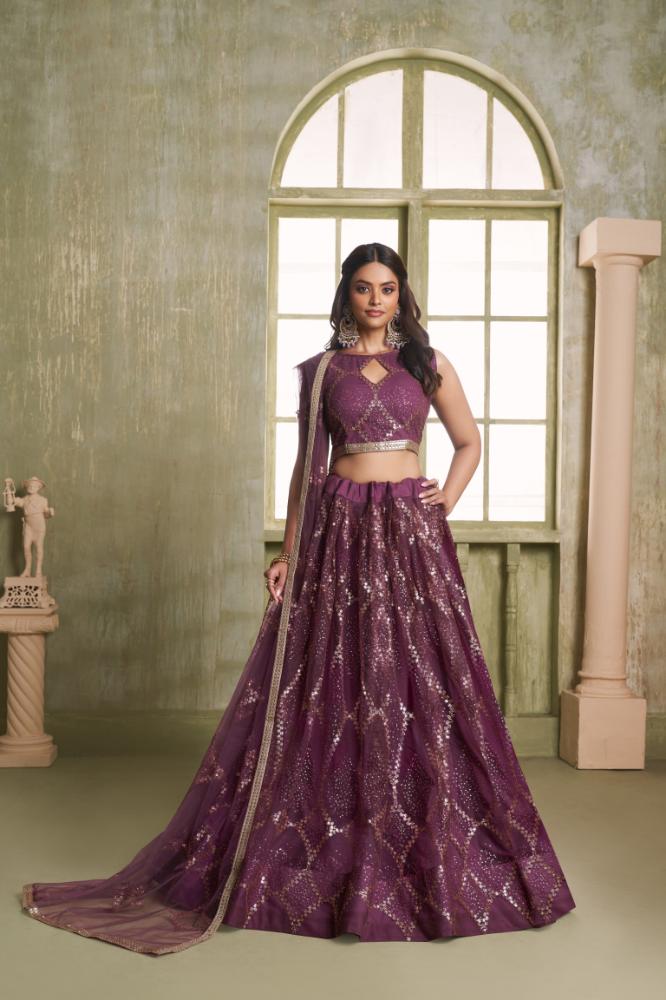 Aastha Fashion Wine Butterfly Net Tone To Tone Cotton Thread Work And Sequence Work Embroidery Wedding Wear Lehenga Choli | Grocsy