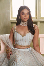 Aastha Fashion Light Gray Butterfly Net Tone To Tone Cotton Thread Work And Sequence Work Embroidery Wedding Wear Lehenga Choli | Grocsy