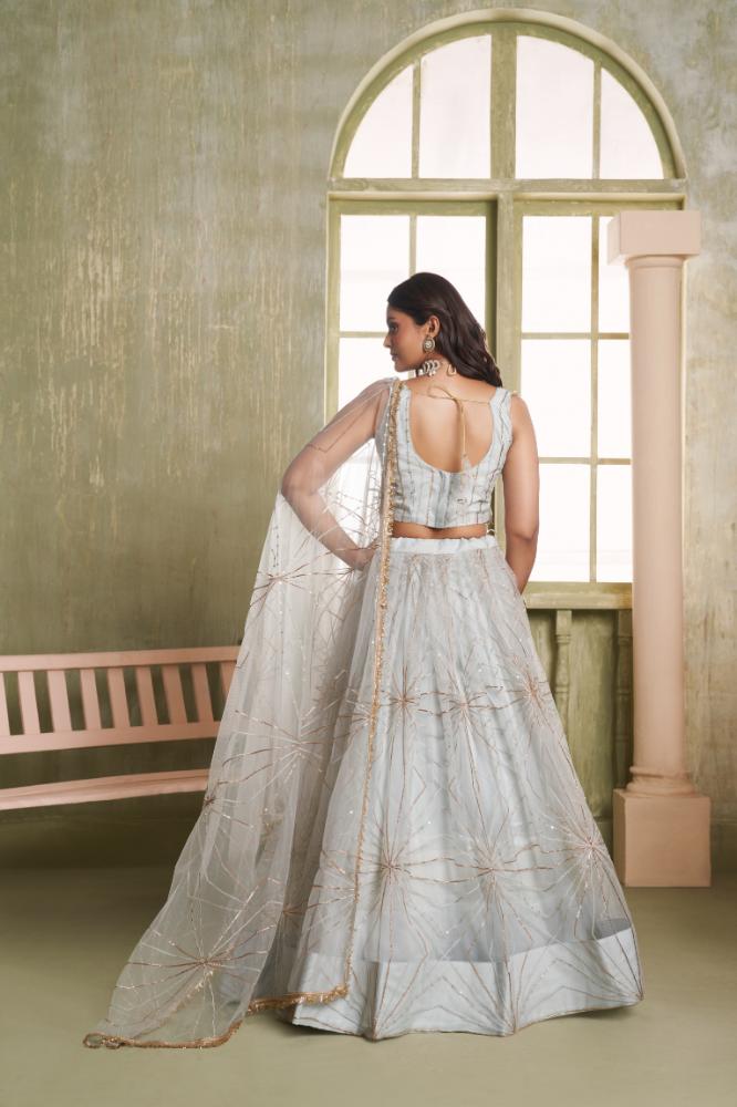 Aastha Fashion Light Gray Butterfly Net Tone To Tone Cotton Thread Work And Sequence Work Embroidery Wedding Wear Lehenga Choli | Grocsy