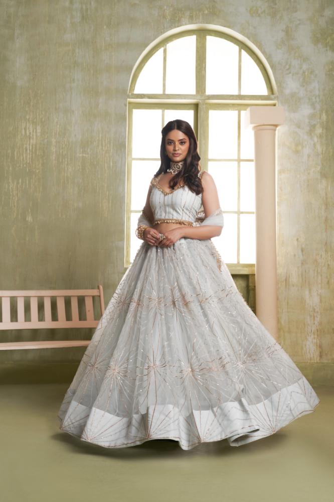 Aastha Fashion Light Gray Butterfly Net Tone To Tone Cotton Thread Work And Sequence Work Embroidery Wedding Wear Lehenga Choli | Grocsy