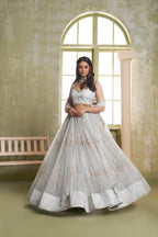 Aastha Fashion Light Gray Butterfly Net Tone To Tone Cotton Thread Work And Sequence Work Embroidery Wedding Wear Lehenga Choli | Grocsy