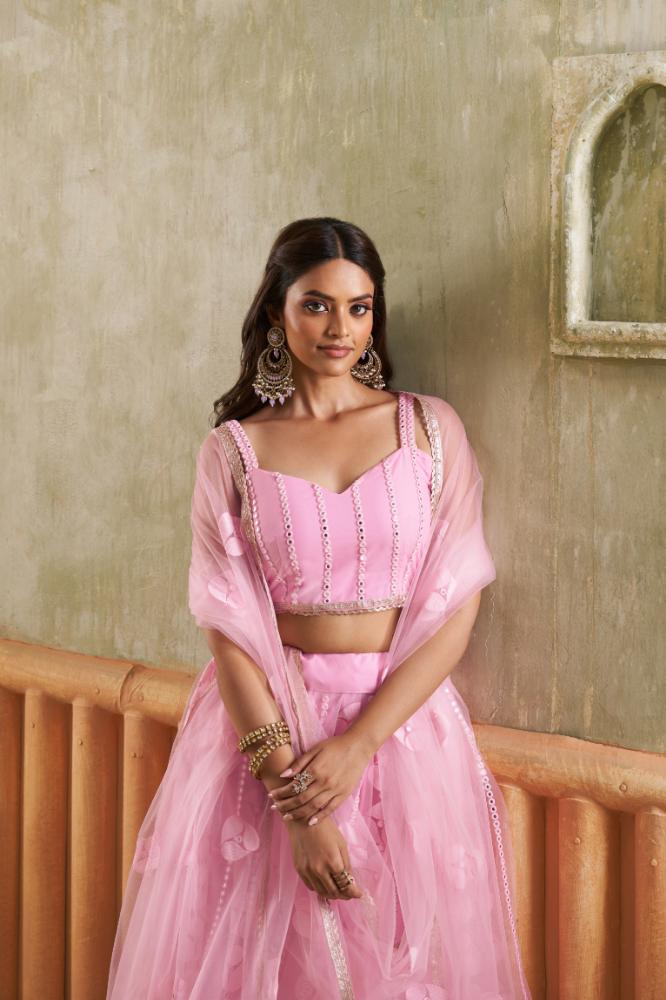 Aastha Fashion Pink Butterfly Net Tone To Tone Cotton Thread Work And Sequence Work Embroidery Wedding Wear Lehenga Choli | Grocsy