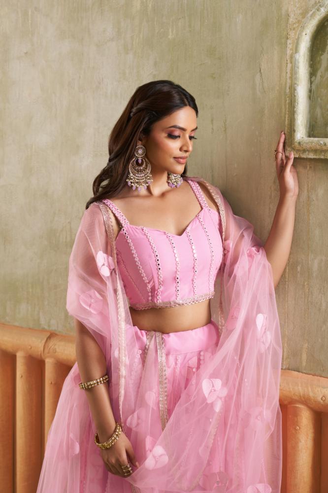 Aastha Fashion Pink Butterfly Net Tone To Tone Cotton Thread Work And Sequence Work Embroidery Wedding Wear Lehenga Choli | Grocsy