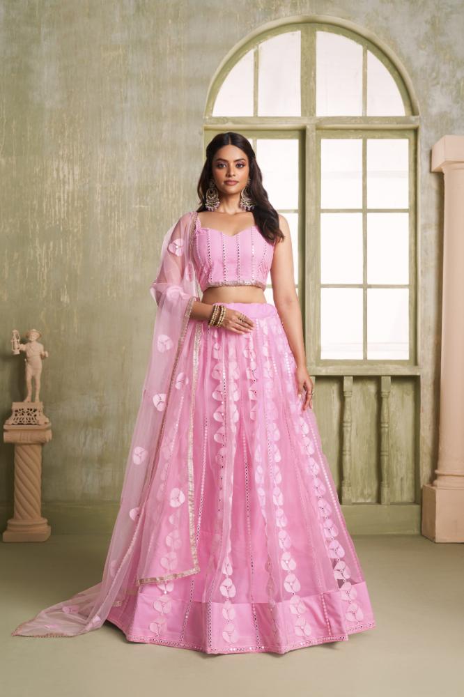 Aastha Fashion Pink Butterfly Net Tone To Tone Cotton Thread Work And Sequence Work Embroidery Wedding Wear Lehenga Choli | Grocsy