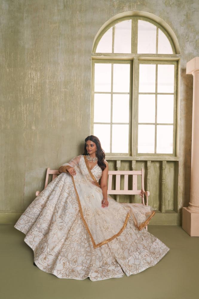 Aastha Fashion White Butterfly Net White Cotton Thread Work And Sequence Work Embroidery Wedding Wear Lehenga Choli | Grocsy