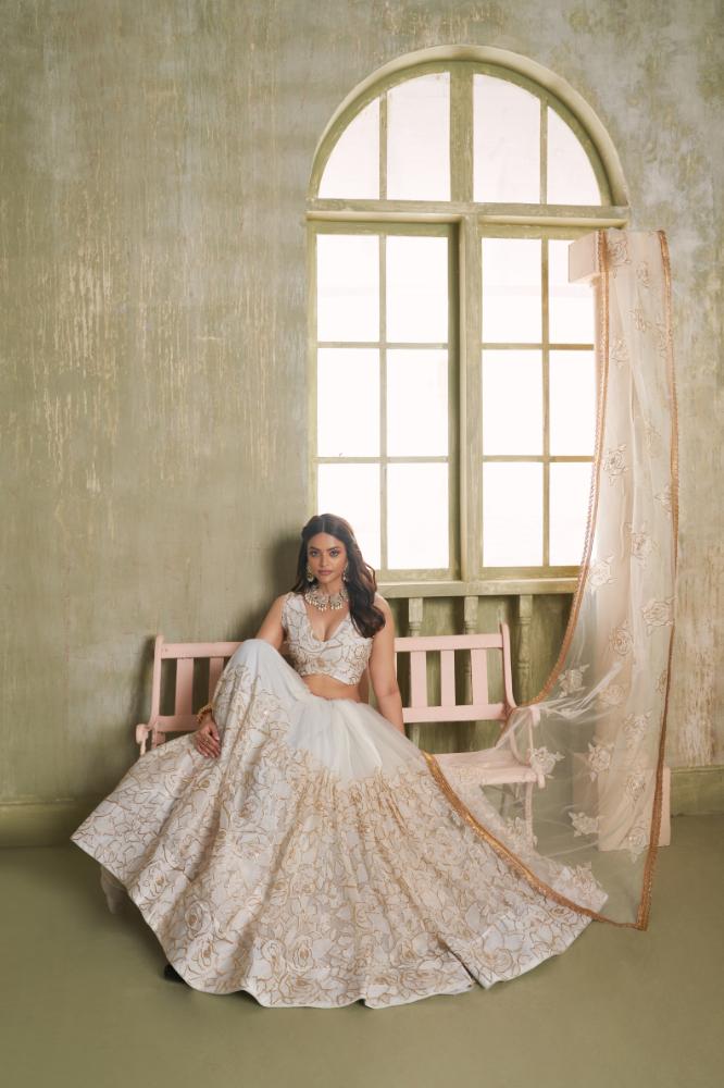 Aastha Fashion White Butterfly Net White Cotton Thread Work And Sequence Work Embroidery Wedding Wear Lehenga Choli | Grocsy