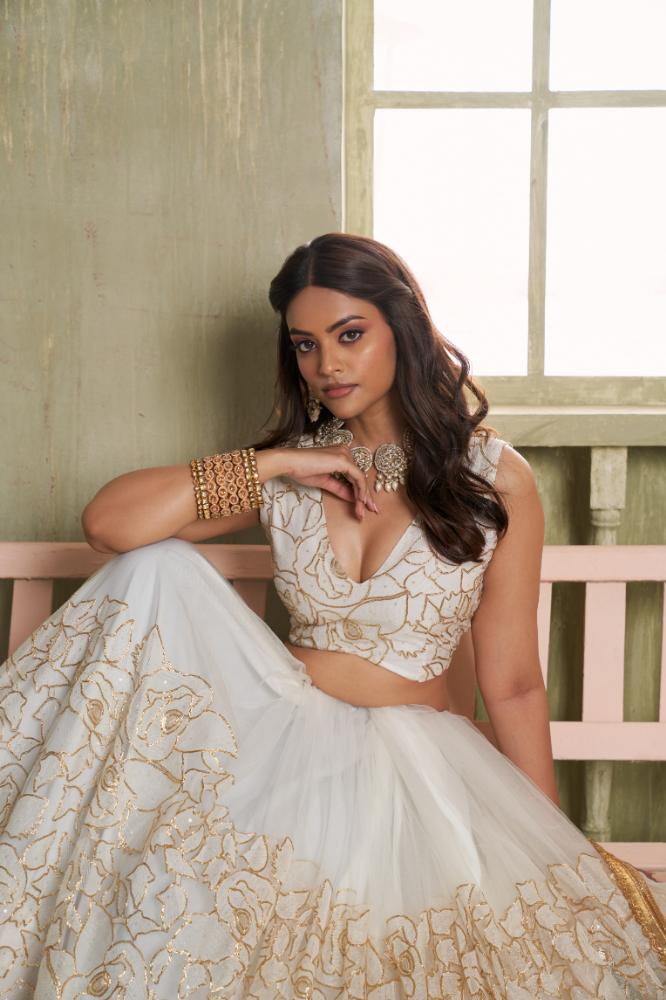 Aastha Fashion White Butterfly Net White Cotton Thread Work And Sequence Work Embroidery Wedding Wear Lehenga Choli | Grocsy