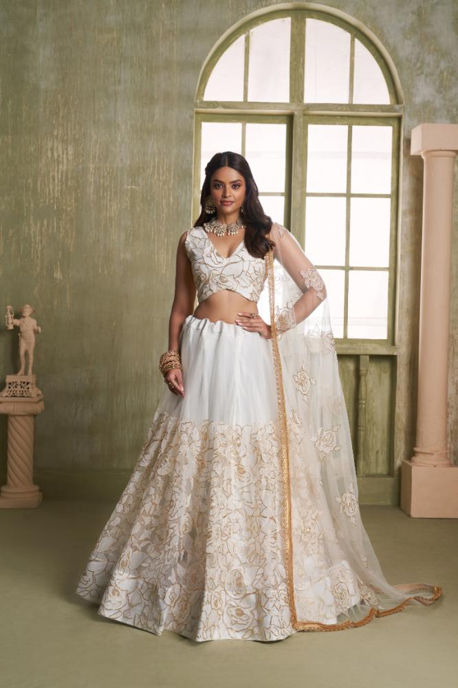 Aastha Fashion White Butterfly Net White Cotton Thread Work And Sequence Work Embroidery Wedding Wear Lehenga Choli | Grocsy
