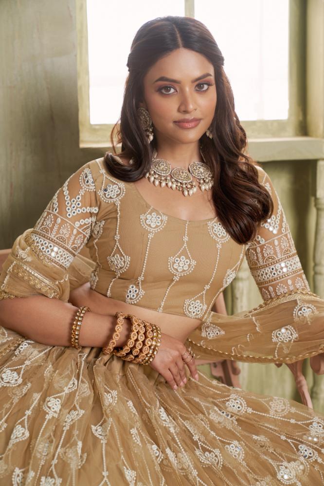 Aastha Fashion Chiku Butterfly Net White Cotton Thread Work And Sequence Work Embroidery Wedding Wear Lehenga Choli | Grocsy