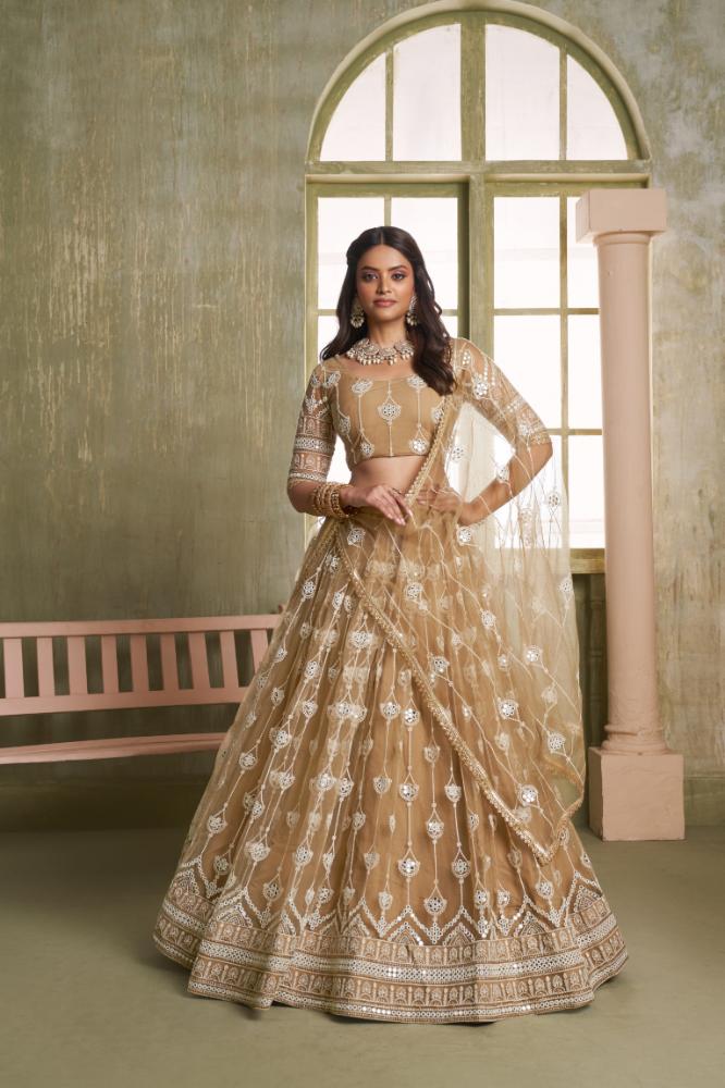 Aastha Fashion Chiku Butterfly Net White Cotton Thread Work And Sequence Work Embroidery Wedding Wear Lehenga Choli | Grocsy