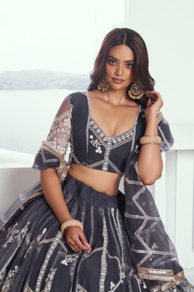 Aastha Fashion Dark Gray Butterfly Net White Cotton Thread Work And Sequence Work Embroidery Wedding Wear Lehenga Choli | Grocsy