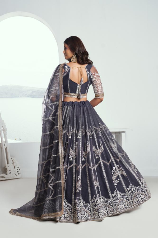 Aastha Fashion Dark Gray Butterfly Net White Cotton Thread Work And Sequence Work Embroidery Wedding Wear Lehenga Choli | Grocsy