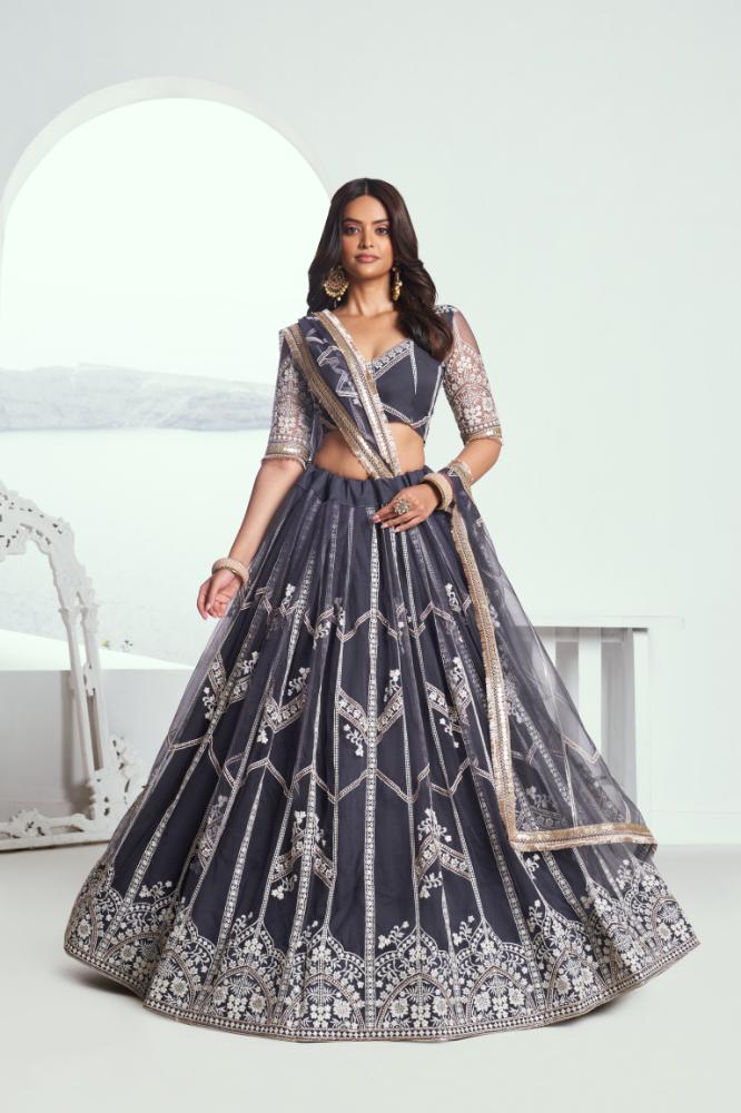 Aastha Fashion Dark Gray Butterfly Net White Cotton Thread Work And Sequence Work Embroidery Wedding Wear Lehenga Choli | Grocsy
