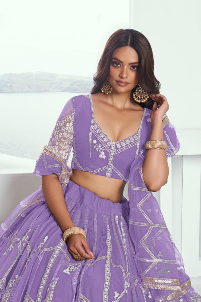Aastha Fashion Lavender Butterfly Net White Cotton Thread Work And Sequence Work Embroidery Wedding Wear Lehenga Choli | Grocsy