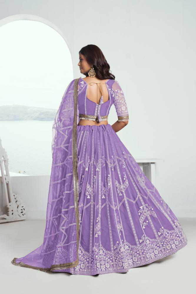 Aastha Fashion Lavender Butterfly Net White Cotton Thread Work And Sequence Work Embroidery Wedding Wear Lehenga Choli | Grocsy
