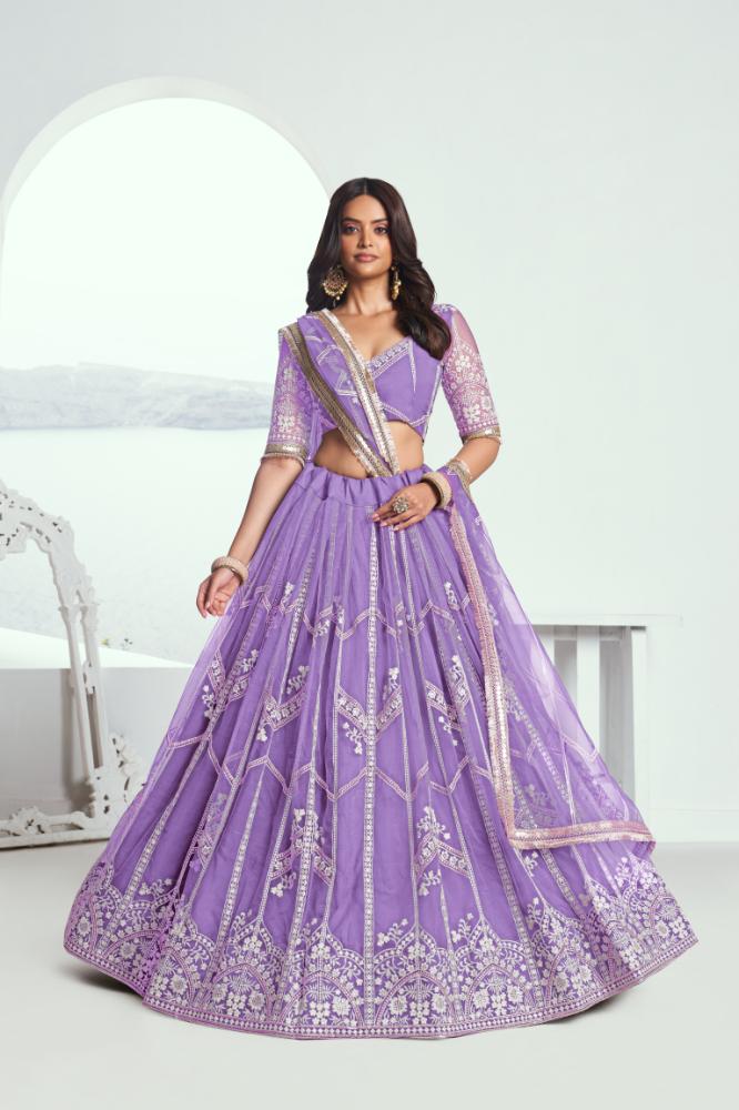Aastha Fashion Lavender Butterfly Net White Cotton Thread Work And Sequence Work Embroidery Wedding Wear Lehenga Choli | Grocsy