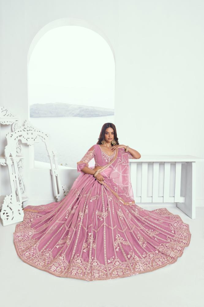 Aastha Fashion Pink Butterfly Net White Cotton Thread Work And Sequence Work Embroidery Wedding Wear Lehenga Choli | Grocsy