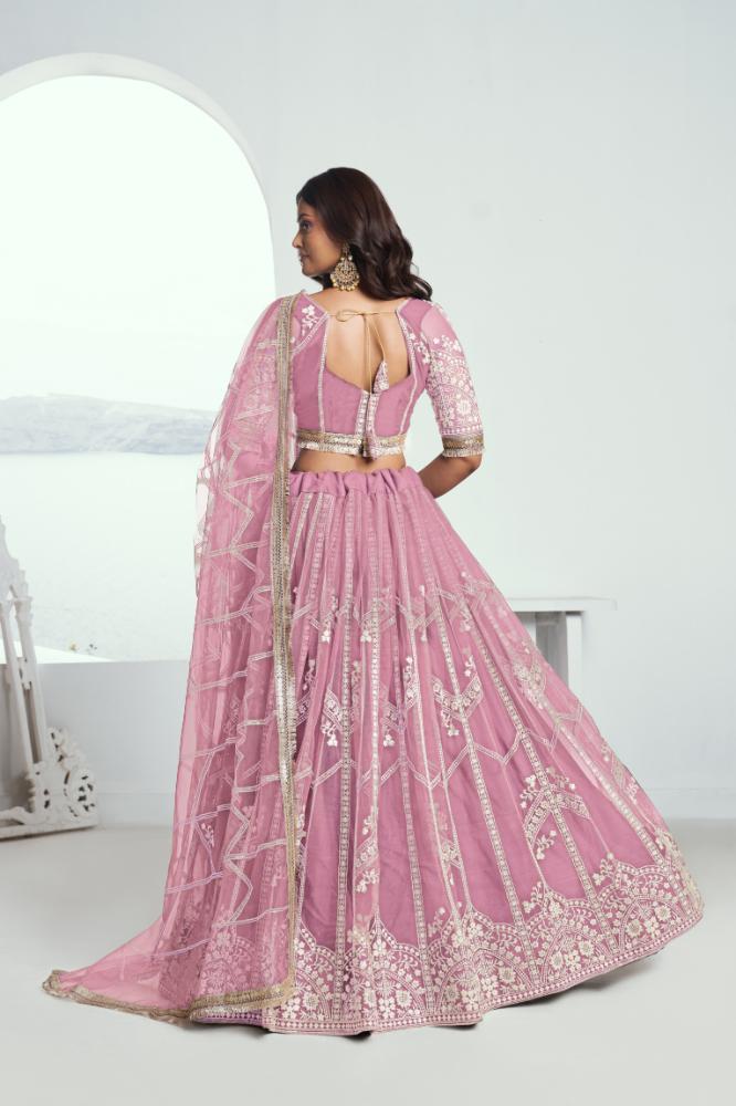 Aastha Fashion Pink Butterfly Net White Cotton Thread Work And Sequence Work Embroidery Wedding Wear Lehenga Choli | Grocsy