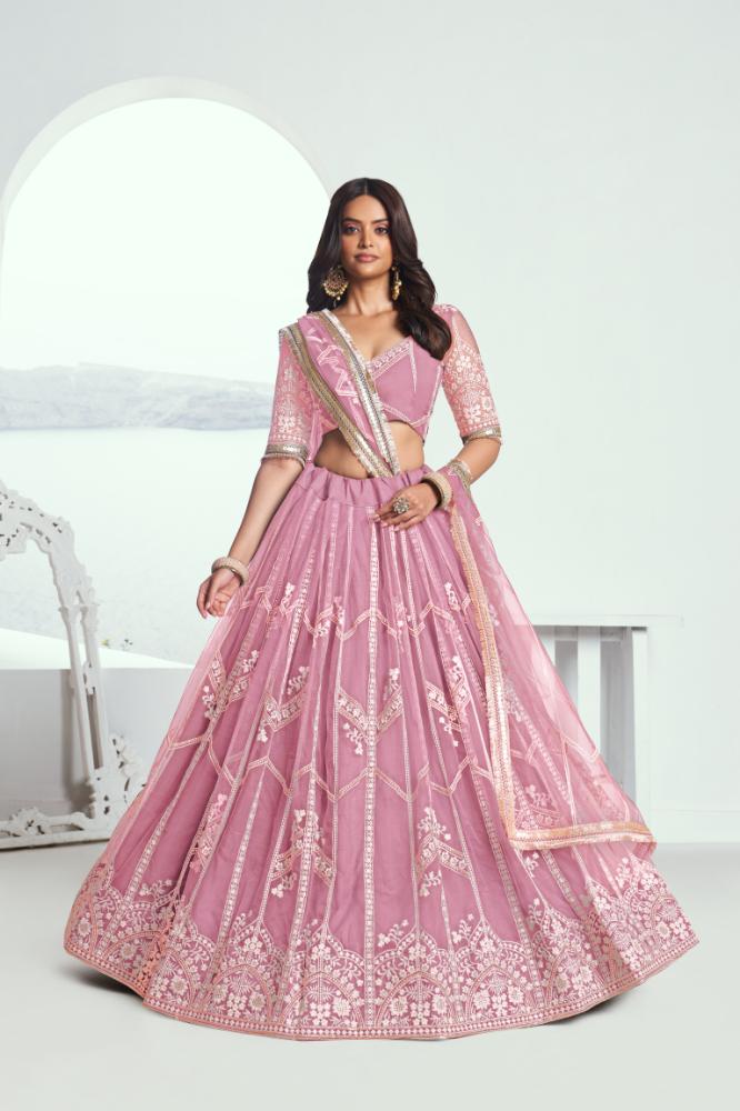 Aastha Fashion Pink Butterfly Net White Cotton Thread Work And Sequence Work Embroidery Wedding Wear Lehenga Choli | Grocsy