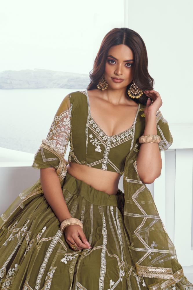 Aastha Fashion Mehandi Green Butterfly Net White Cotton Thread Work And Sequence Work Embroidery Wedding Wear Lehenga Choli | Grocsy