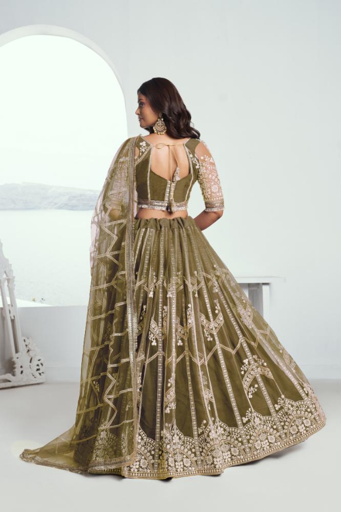 Aastha Fashion Mehandi Green Butterfly Net White Cotton Thread Work And Sequence Work Embroidery Wedding Wear Lehenga Choli | Grocsy