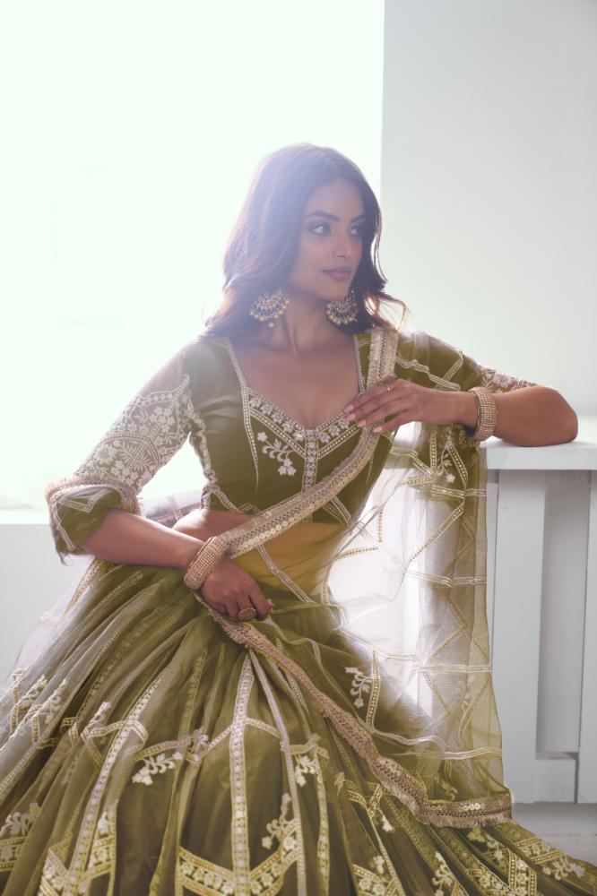 Aastha Fashion Mehandi Green Butterfly Net White Cotton Thread Work And Sequence Work Embroidery Wedding Wear Lehenga Choli | Grocsy