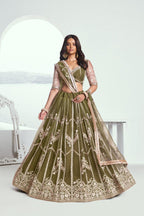 Aastha Fashion Mehandi Green Butterfly Net White Cotton Thread Work And Sequence Work Embroidery Wedding Wear Lehenga Choli | Grocsy
