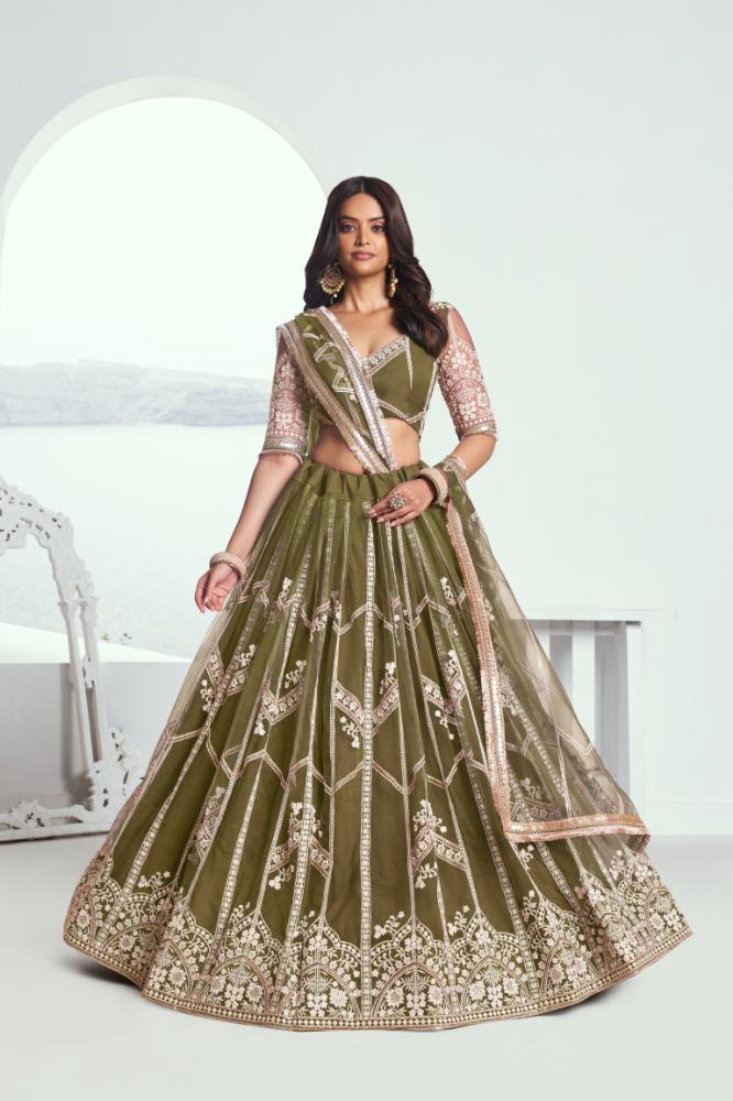 Aastha Fashion Mehandi Green Butterfly Net White Cotton Thread Work And Sequence Work Embroidery Wedding Wear Lehenga Choli | Grocsy