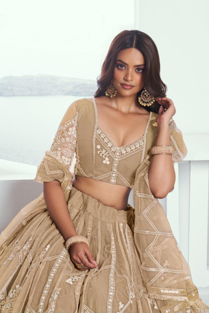 Aastha Fashion Chiku(Beige) Butterfly Net White Cotton Thread Work And Sequence Work Embroidery Wedding Wear Lehenga Choli | Grocsy