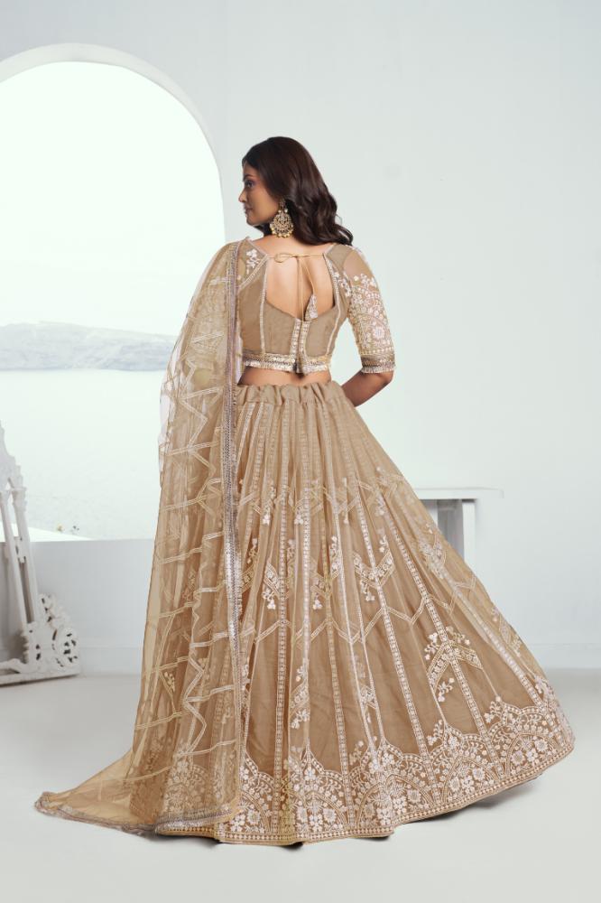 Aastha Fashion Chiku(Beige) Butterfly Net White Cotton Thread Work And Sequence Work Embroidery Wedding Wear Lehenga Choli | Grocsy