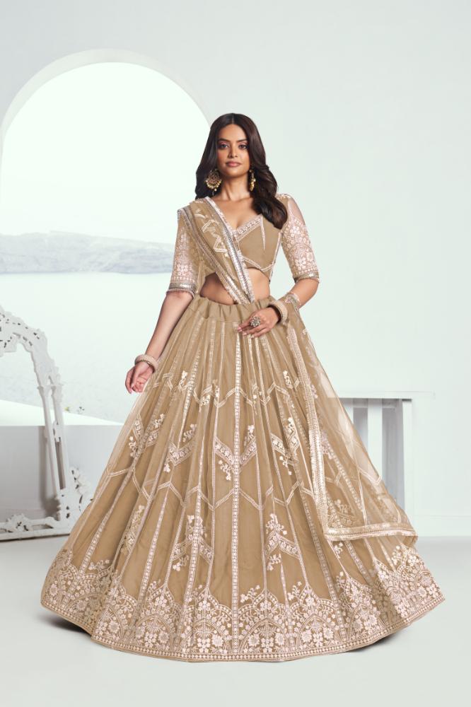 Aastha Fashion Chiku(Beige) Butterfly Net White Cotton Thread Work And Sequence Work Embroidery Wedding Wear Lehenga Choli | Grocsy