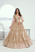 Aastha Fashion Chiku(Beige) Butterfly Net White Cotton Thread Work And Sequence Work Embroidery Wedding Wear Lehenga Choli | Grocsy