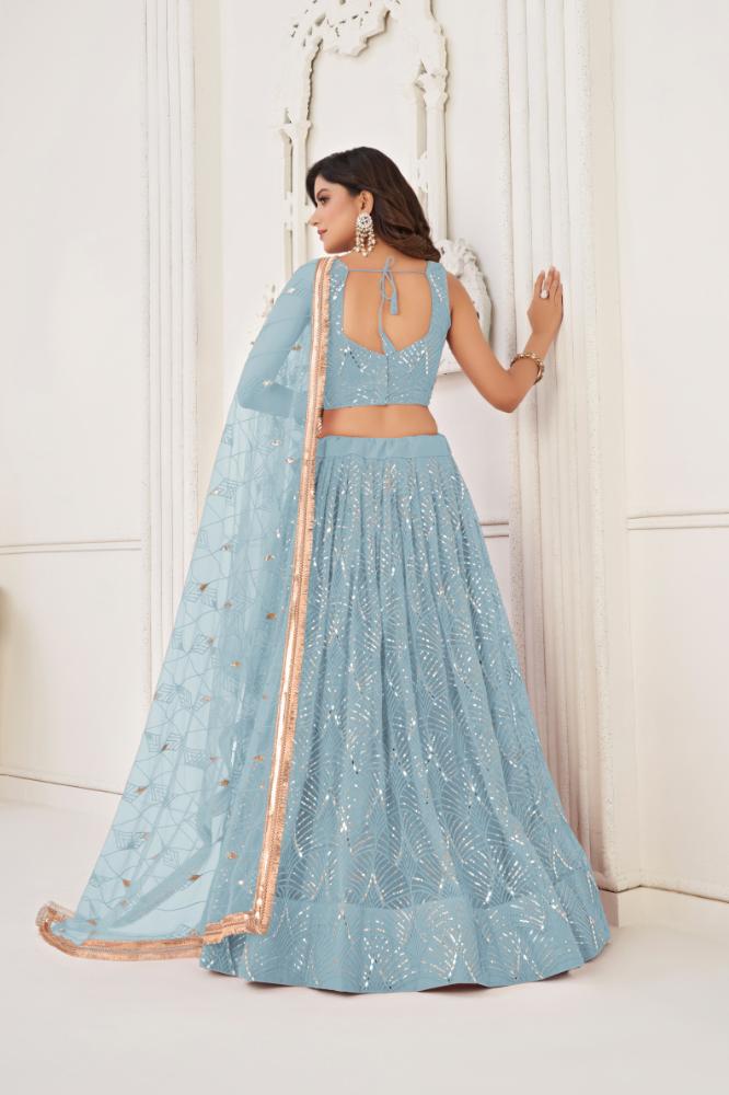 Aastha Fashion Sky Blue Butterfly Net Tone To Tone Cotton Thread Work With Sequence Work Embroidery Wedding Wear Lehenga Choli | Grocsy