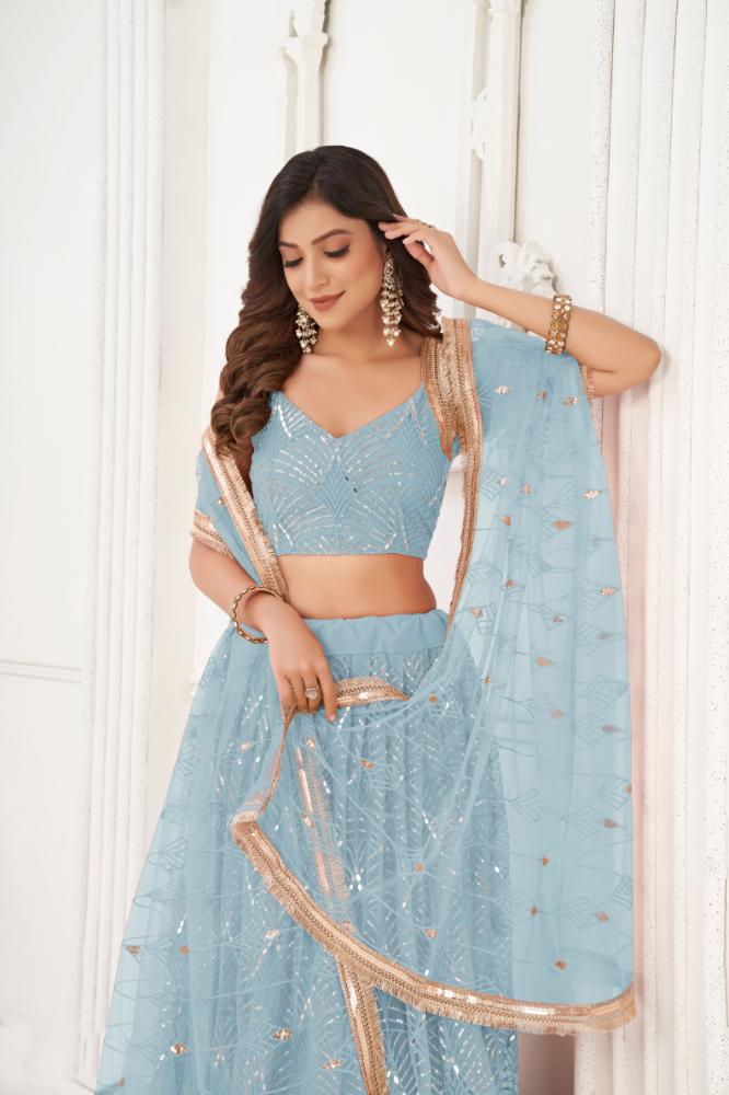 Aastha Fashion Sky Blue Butterfly Net Tone To Tone Cotton Thread Work With Sequence Work Embroidery Wedding Wear Lehenga Choli | Grocsy