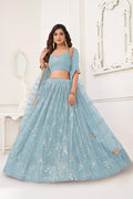 Aastha Fashion Sky Blue Butterfly Net Tone To Tone Cotton Thread Work With Sequence Work Embroidery Wedding Wear Lehenga Choli | Grocsy