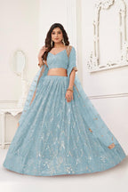Aastha Fashion Sky Blue Butterfly Net Tone To Tone Cotton Thread Work With Sequence Work Embroidery Wedding Wear Lehenga Choli | Grocsy