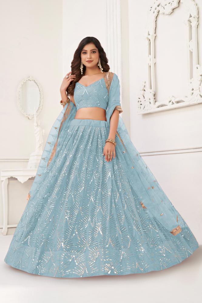 Aastha Fashion Sky Blue Butterfly Net Tone To Tone Cotton Thread Work With Sequence Work Embroidery Wedding Wear Lehenga Choli | Grocsy